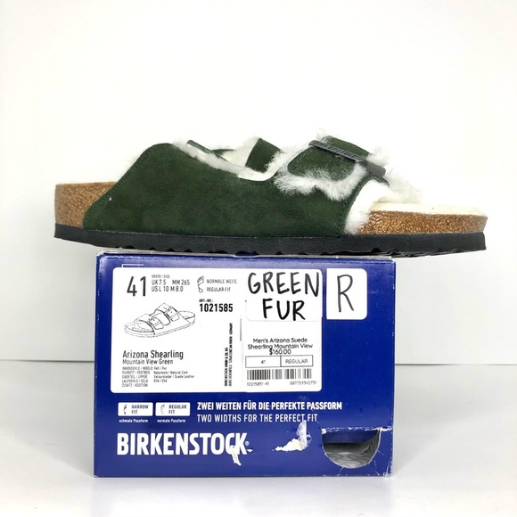 NIB Birkenstock Arizona Suede Shearling Fur Mountain View Green Sandals Shoes - Picture 8 of 11